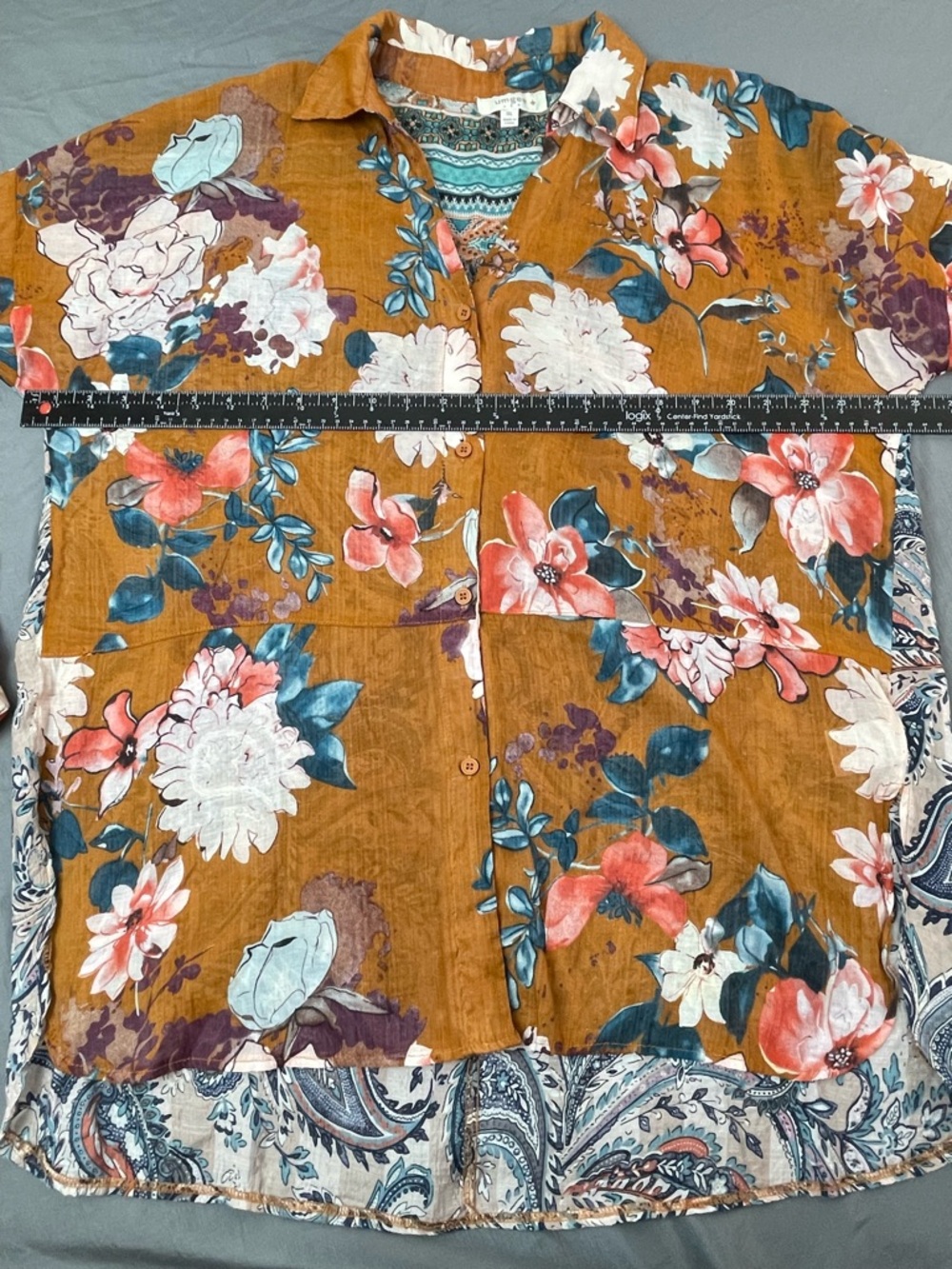 Umgee Ladies Size XL Brown Semi Sheer Rolled Tab Sleeve Floral Button Up Blouse - Picture 5 of 7